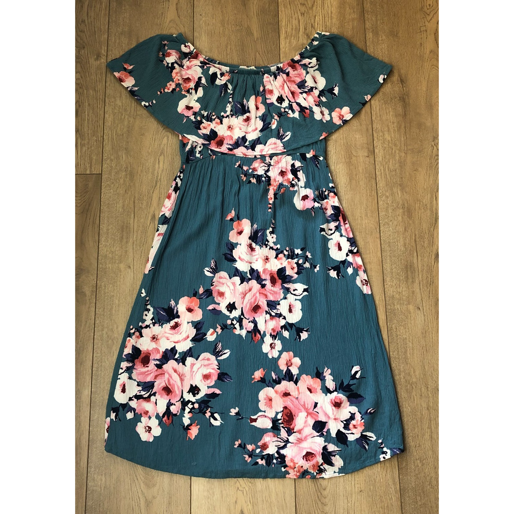 Womans Floral Green/Pink Fairy Bohemian Off Shoulder Sqaure Neck Midi Dress READ